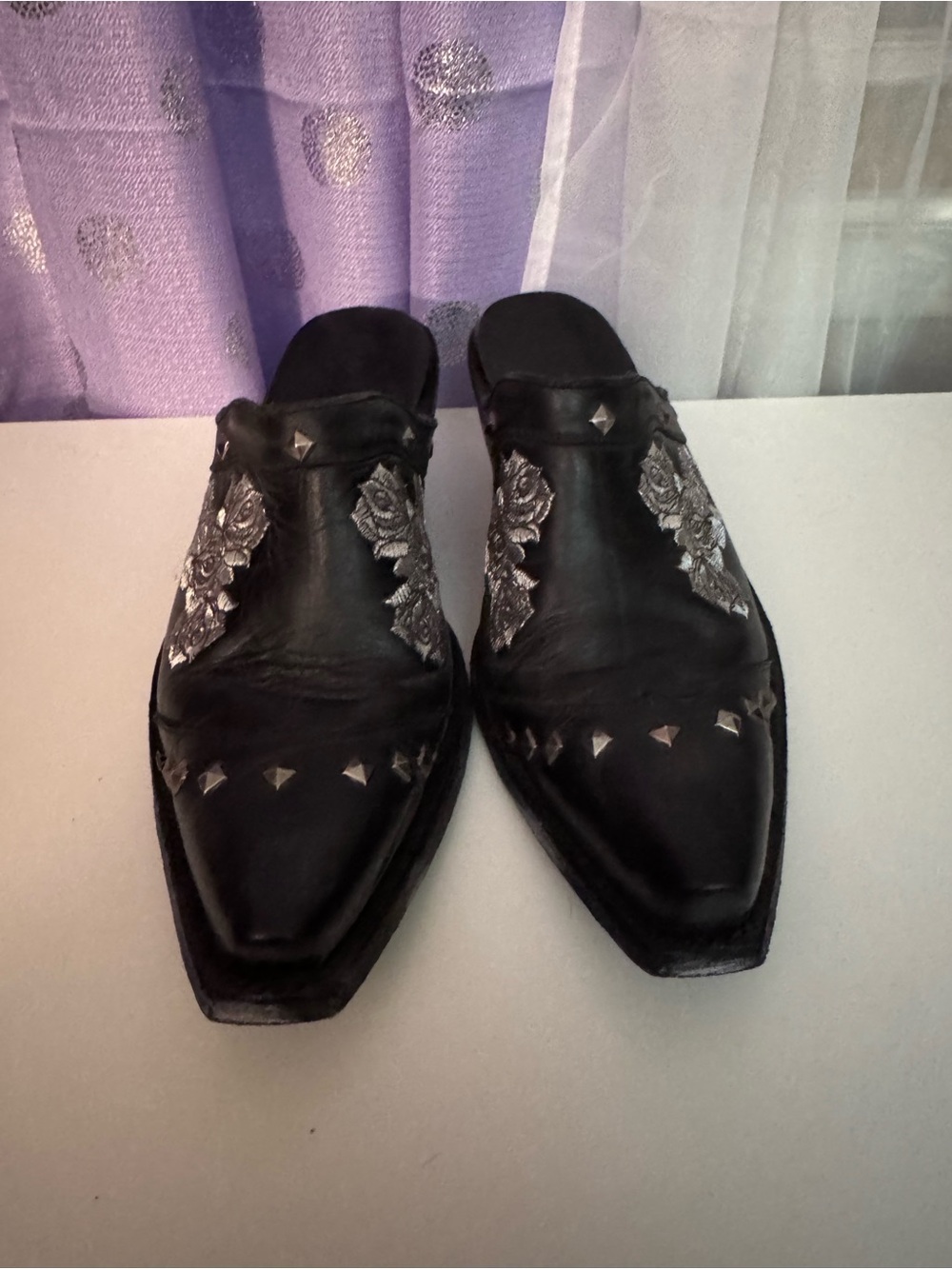 Old Gringo Black Slip-On Leather Mules with Silver Embroidered Detail